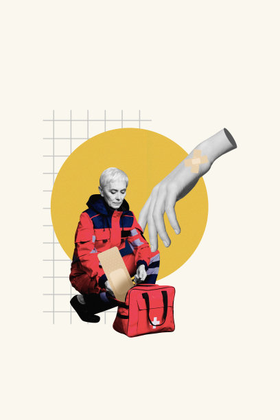 严肃的医生、老年女性、急救、受伤手、石膏、医疗保健概念的海报图像，垂直照片拼贴，救护车。图片下载