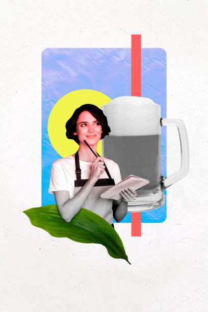 艺术图像：竖版照片拼贴，思考的女服务员手持记事本和铅笔，思索着啤酒杯，酒精祝酒，酒吧场合下的点单。图片下载