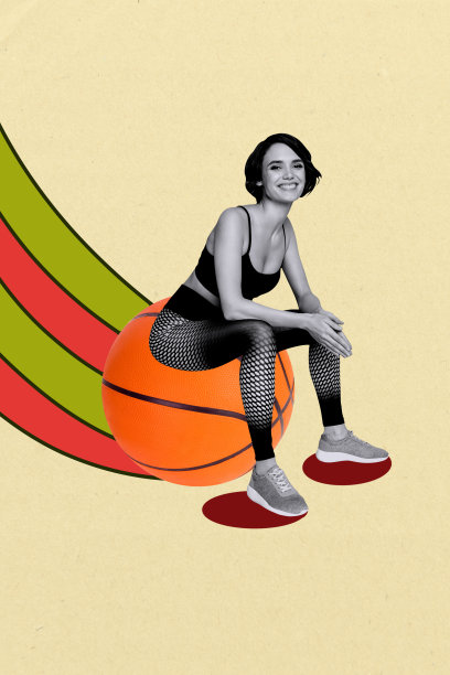 现代照片拼贴，展示快乐的女运动员坐在篮球上，参加体育比赛，教练和比赛场景。图片下载