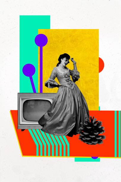 独特的垂直照片拼贴，展示快乐的公主演女孩在色彩缤纷的迪斯科活动中跳舞，复古电视监视器和3D电影的中世纪元素。图片下载