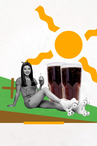 独特的垂直照片拼贴，快乐的嬉皮女孩手持可乐鸡尾酒，夏日散步时穿着滑轮溜冰鞋，享受气泡饮料。图片下载