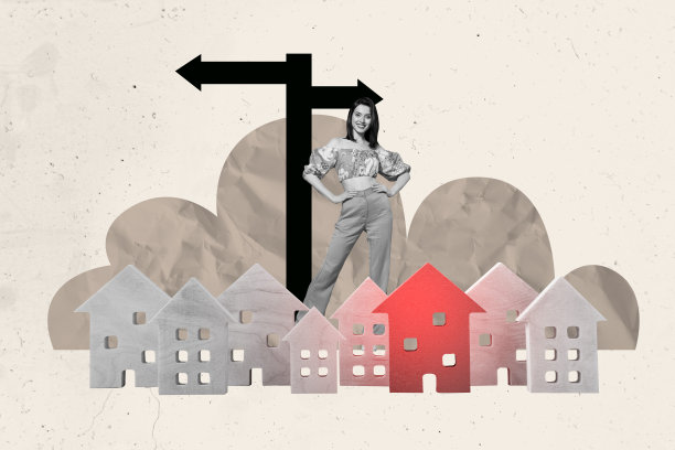 趋势艺术横幅照片拼贴，年轻女士站立指向移民难民旅行迁移不同世界的城镇建筑房屋图片下载