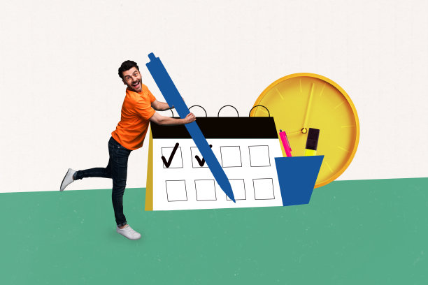 年轻男子微笑着站着，手持笔，勾选完成的日程表，时钟，经理，人力资源，工作，照片拼贴素描。图片下载