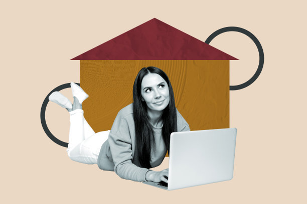 室内工作空间的年轻女性躺着使用笔记本电脑的3D照片拼贴艺术作品图片下载