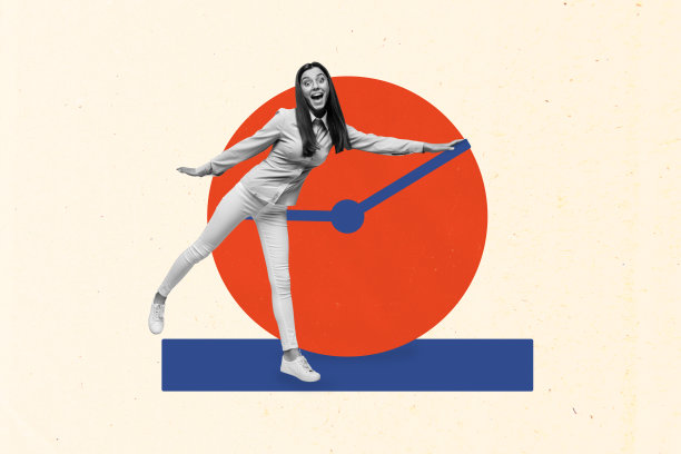 创意海报，充满艺术感的照片拼贴，展现快乐的女商人推动时钟箭头，象征截止日期到期的守时观念。图片下载