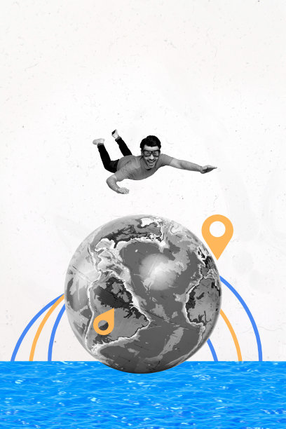 年轻男子微笑着戴着眼镜的3D照片拼贴艺术作品，飞向行星，指向GPS，周末出发，全球旅行，度假代理，航程。图片下载