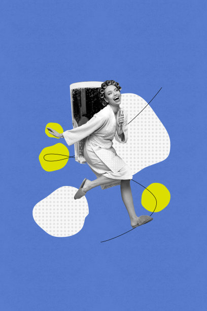 独特的垂直照片拼贴，展示快乐的女佣在咖啡馆跳舞，手中拿着气泡可乐和柠檬水，庆祝饮品的时刻。图片下载