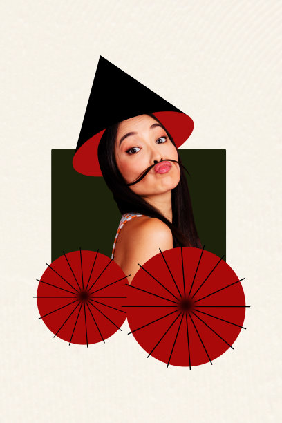 快乐的中国女孩的海报照片，竖版拼贴，展示了她的头发、撅嘴的嘴唇，佩戴着传统的尖顶帽和东方伞。图片下载