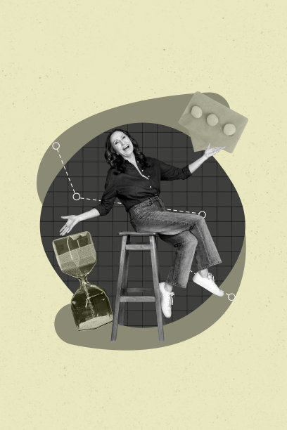 快乐的老年女性坐在凳子上，艺术图像竖版照片拼贴，带有文本框、通知图标、时间线过期限制消息和聊天框。图片下载