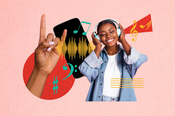 趋势复合3D照片拼贴，展示摇滚手势、智能手机、音乐音符，夜晚派对、俱乐部活动，年轻女士微笑着拿着耳机。图片下载