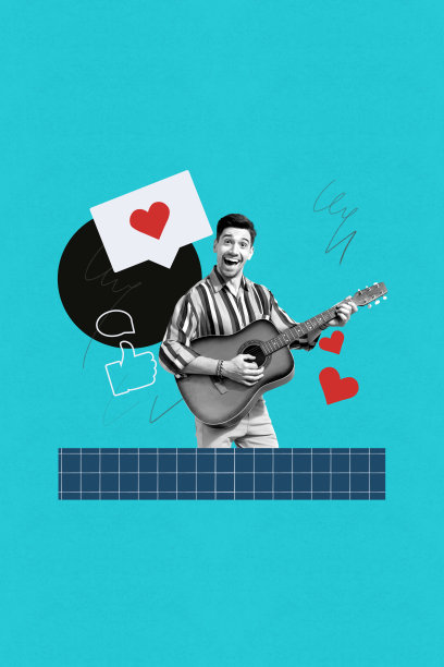 独特的纵向照片拼贴，快乐的男孩弹吉他，心形图标，博客反应，受欢迎的反馈，社交媒体点赞图片下载
