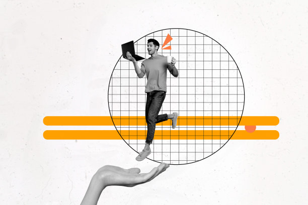 专业商务招聘的趋势模板草图设计，照片拼贴，手持咖啡杯的年轻男性走路，工作时使用笔记本电脑。图片下载