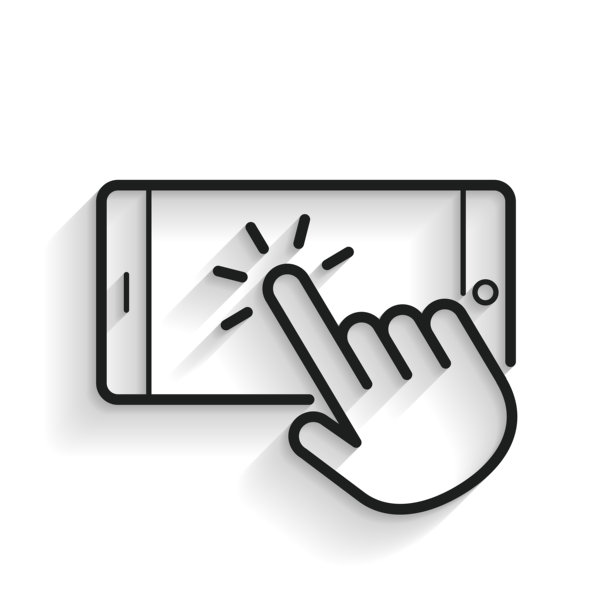 手指触摸屏幕智能手机。白色背景上的长阴影线条图标图片下载