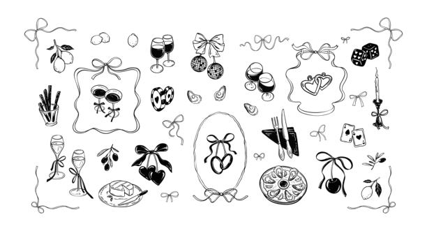 单身派对晚宴可爱线条涂鸦设计元素套装。樱桃色蝴蝶结，奇幻波浪框架。手绘插图，风格为少女气息的俏皮设计。红酒、鸡尾酒、香槟杯。图片下载