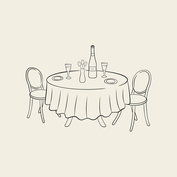 手绘的餐桌和椅子。适用于婚礼、生日或派对的设计。矢量插图。图片下载