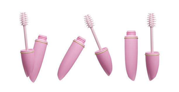 粉色3D睫毛膏套装，形状各异。美容化妆睫毛膏管与刷子，化妆品3D矢量插图，背景为白色。女性韩国护肤时尚化妆套装。图片下载