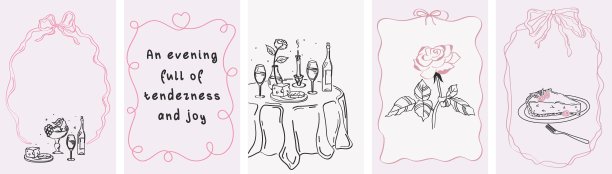 一套复古海报、明信片和邀请函。浪漫晚餐邀请函。充满温柔和快乐的夜晚。手绘的玫瑰、摆好的餐桌、一块蛋糕的草图，用于邀请函、咖啡馆或餐厅的菜单。图片下载