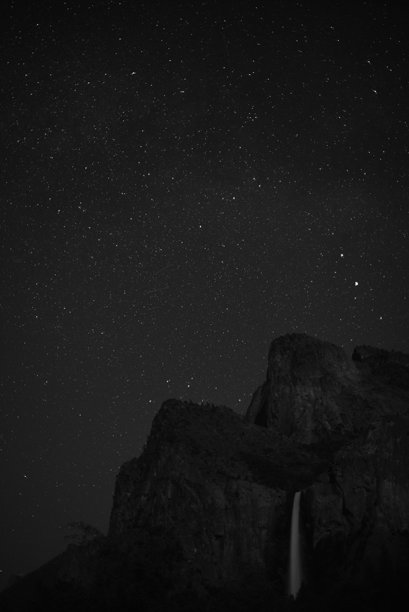 夜空下星星点点的优胜美地山谷黑白照片图片下载