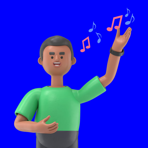 3D插图：英俊的非洲裔男歌手大卫与音符。蓝色屏幕模型。3D渲染在蓝色屏幕上，用于视频素材和剪辑路径。图片下载