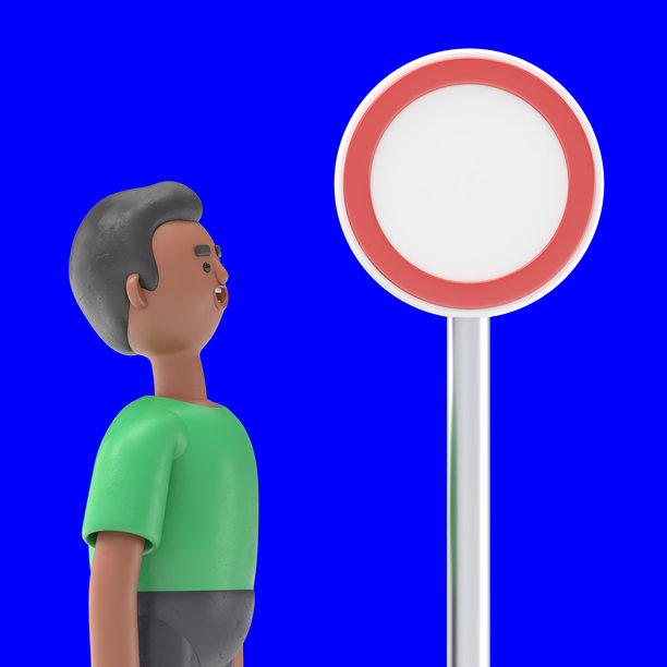 3D插图：英俊的非洲裔男子大卫站在十字路口，注视着方向指示牌的箭头。蓝色背景的3D渲染，适合视频素材和抠图使用。图片下载