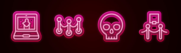 在线博物馆，绳索障碍，人类头骨和图片与绳索。发光的霓虹图标。矢量图。图片下载