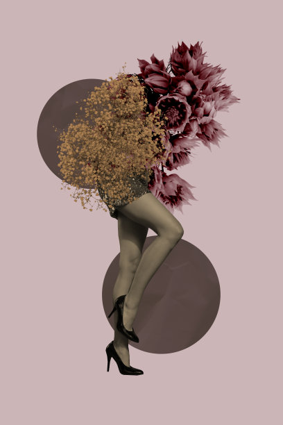 3D照片拼贴艺术作品，展示模特性感地摆姿势，穿着高跟鞋，站立在花朵（南非火焰花）旁边。图片下载