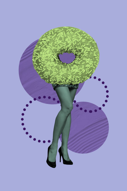 趋势艺术创意素描 3D 照片拼贴 营养烹饪 美味食物 晚餐 甜甜圈 半身年轻女士腿部性感姿势图片下载