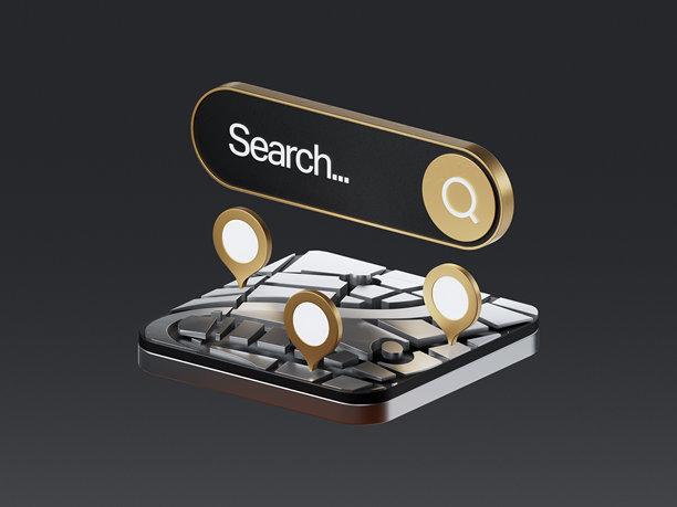 3D位置数字地图，搜索栏和图钉孤立。GPS指针标记图标。GPS和导航符号。地图、移动应用的元素。在地图上搜索位置和地点。3D渲染图标。图片下载