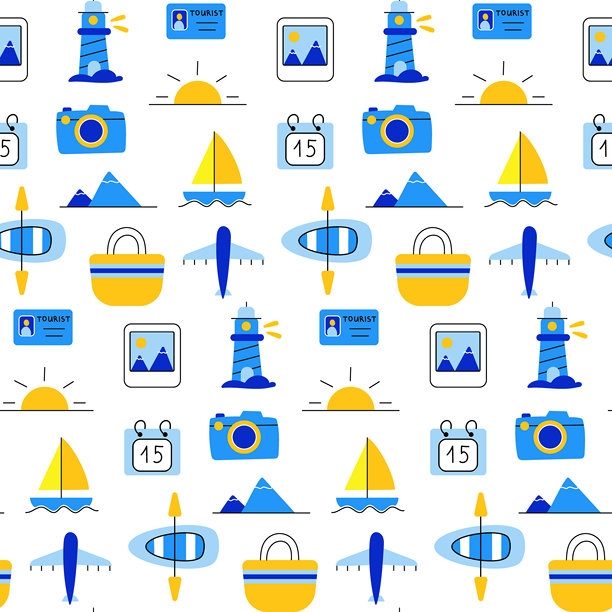 无缝蓝色和黄色旅行图案，包含相机、灯塔、包、皮划艇、飞机、日历、地图、帆船、山脉、宝丽来照片和冒险元素，手绘矢量设计，适用于度假、旅行计划和旅游。图片下载