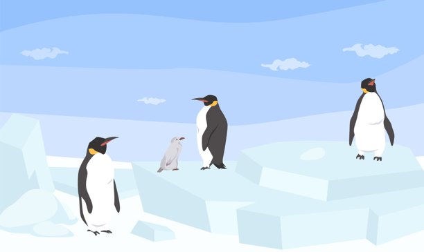 四只企鹅站在雪白的冰块上，周围是雪景。阳光明媚，投下阴影。一只较小的企鹅依偎在较大的企鹅中间，形成了一个迷人的家庭场景。图片下载