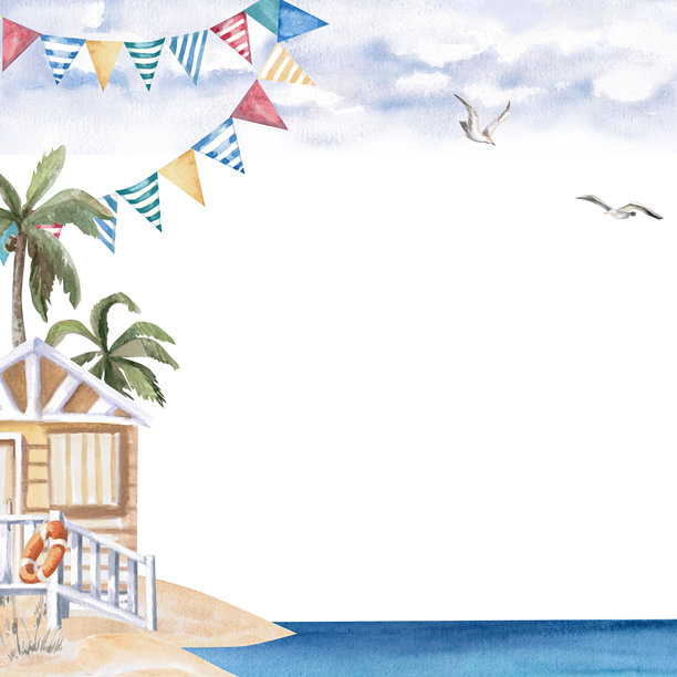 方形框架内有海滨别墅、棕榈树和海鸥。孤立的水彩插图，主题为海滩假期，适用于旅游宣传册和海滨餐厅菜单的设计。图片下载