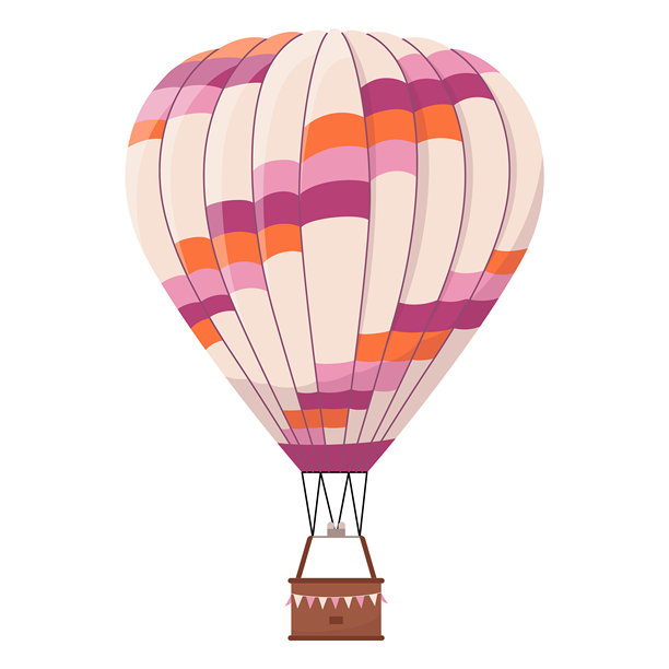 大号热气球，色彩斑斓的图案。飞行气球设计元素，用于装饰展会邀请函、传单、横幅。带篮子的空中旅行旅游交通工具。平面矢量插图。图片下载