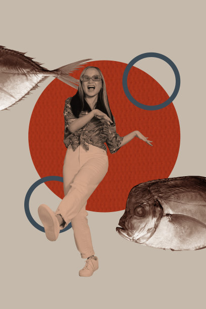 现代垂直照片拼贴，展示快乐的韩国女孩在夜总会场合放松派对，背景为野生金鲷鱼和日本图案。图片下载