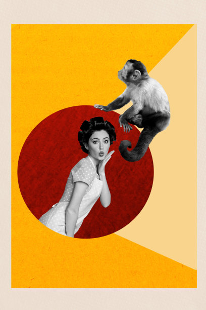 快乐的女佣女孩撅嘴的海报艺术垂直照片拼贴，搞笑的野生猿猴动物园游客公园庇护所图片下载