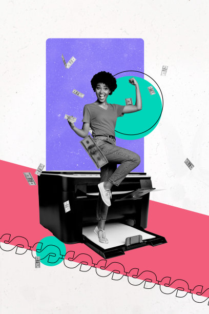 年轻女性成功的素描艺术作品蒙太奇，3D照片拼贴，微笑着站在打印机旁，手持钞票，象征着富裕的商业职业招聘。图片下载