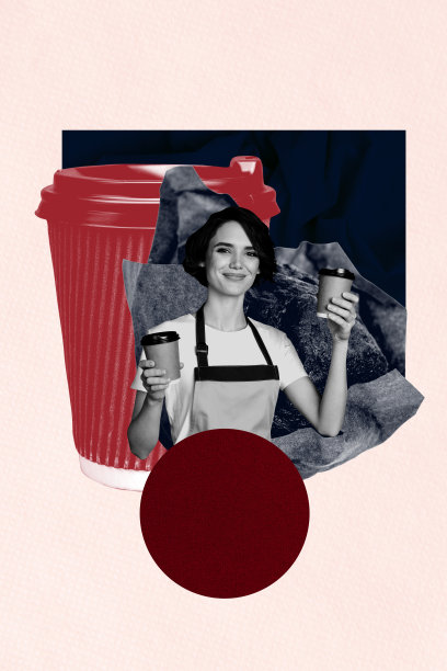 年轻女士的微笑肖像合成横幅照片拼贴，手持咖啡杯，早晨的咖啡师，享用杯子蛋糕的美食咖啡馆。图片下载