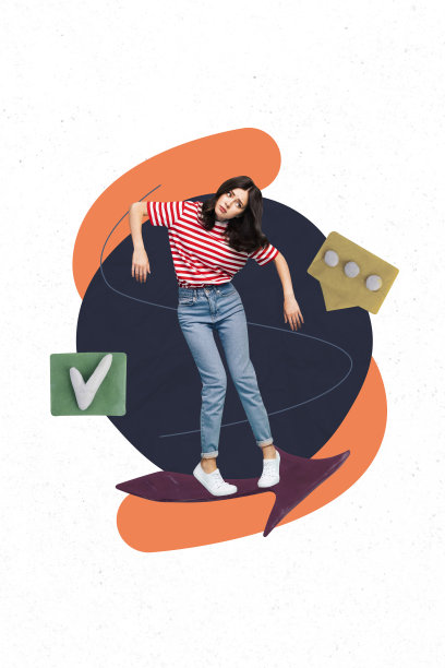 现代照片拼贴画，展示一个困惑的女孩站在聊天框通知旁，进行沟通并查看批准消息的勾选标记。图片下载