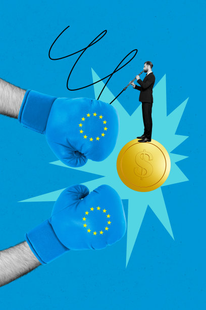 3D照片拼贴趋势，年轻男子站在硬币上，手戴手套，玩音乐管，进行斗争，收入下降，预算危机，金融经济。图片下载