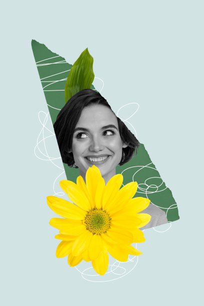国际妇女节春季花卉盛开蒙太奇照片拼贴，年轻女士微笑的头部特写与雏菊花朵。图片下载