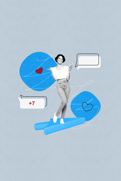 海报图像，竖版照片拼贴，快乐女孩手持手机，站立，光标箭头点击心形通知，社交媒体点赞反应图片下载