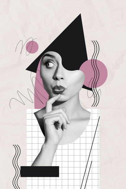 模板拼贴设计趋势艺术作品草图，线条插图片段，年轻女性头像，思考手势，手指触碰下巴。图片下载