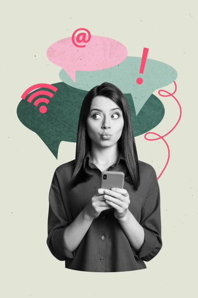 办公室工作人员经理招聘的年轻女性手持智能手机，聊天信息，WiFi连接的3D照片拼贴艺术作品。图片下载