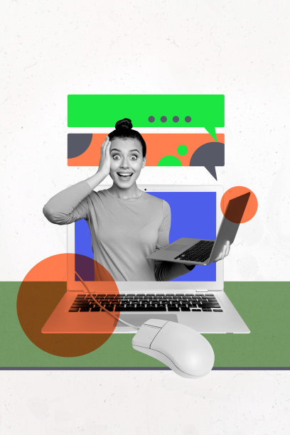 专业空缺办公室经理招聘的复合照片拼贴设计趋势，年轻女性出现在显示屏前，手持电脑，表情震惊。图片下载