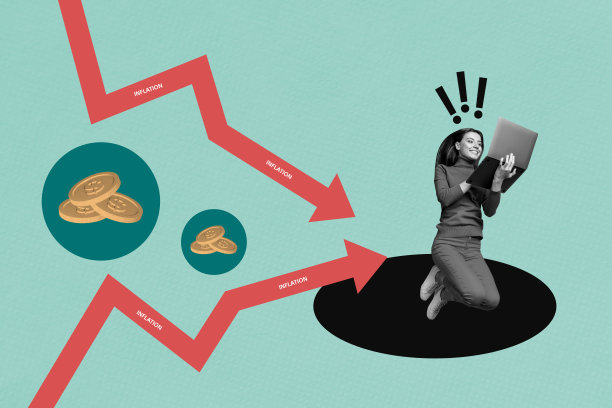 快乐女商人跳跃在笔记本电脑上，通货膨胀箭头回落，统计数据下降，危机硬币损失的艺术图像合成照片拼贴。图片下载