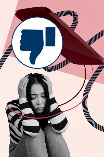 海报照片，垂直拼贴，困惑的冷门博主女孩坐在手机屏幕前，显示不喜欢图标，网络欺凌紧张概念图片下载