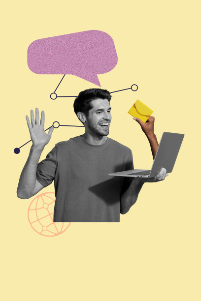 快乐的男人手持笔记本电脑，挥手打招呼，气泡沟通图标，手从信封中探出，竖向拼贴艺术照片图片下载