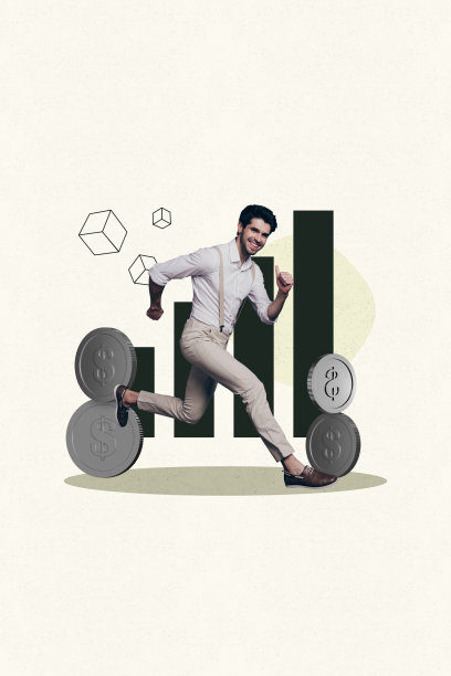 快乐女孩在商业图表上快速奔跑，周围是财富硬币的创意图片拼贴图片下载