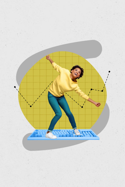 海报图像，垂直照片拼贴，快乐女孩站在无线工具键盘旁，图表统计业务发展进展图片下载