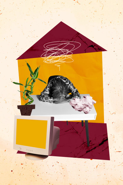 创意照片拼贴趋势艺术作品模板，年长女性坐在桌子旁，疲惫不堪，纸团、电脑显示器、竹子，管理者工作空间图片下载