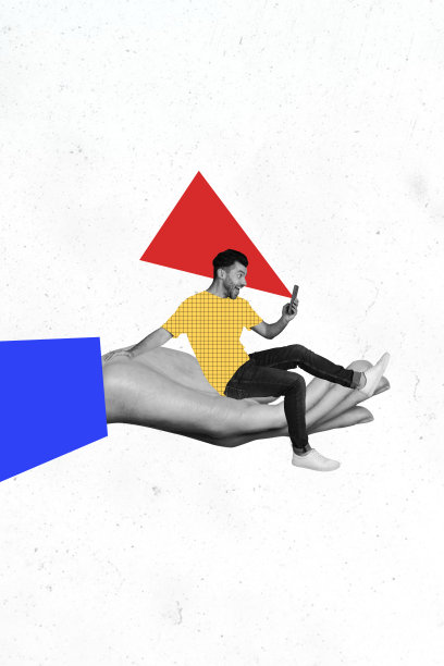 3D照片拼贴模板趋势艺术作品，手持智能手机微笑的年轻男子坐着，经理，工作人员，人力资源。图片下载